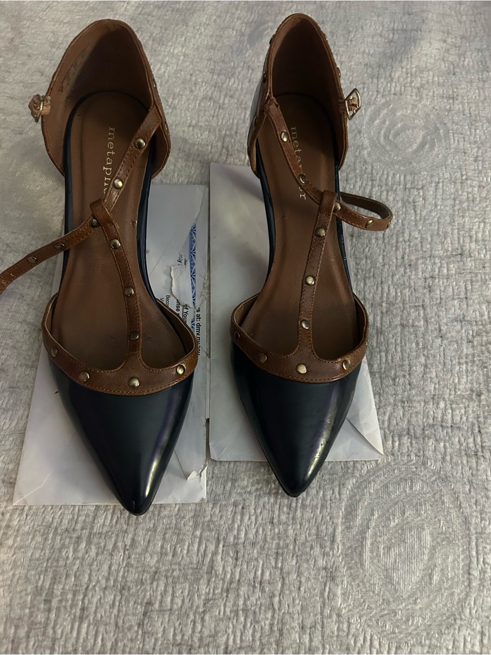 MIA Black and Brown Pointed T-Strap Heels with Stud Accents